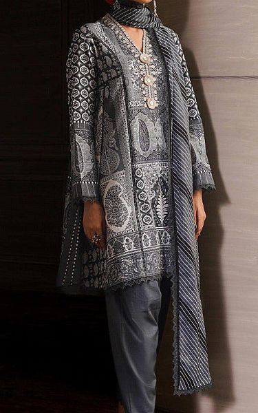 Sana Safinaz Slate Grey Slub Suit (2 Pcs) | Pakistani Winter Dresses- Image 1