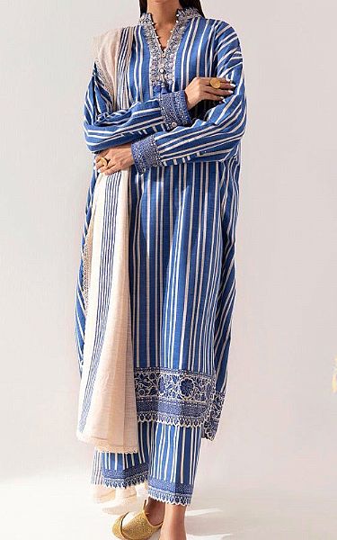 Sana Safinaz Cornflower Blue Slub Suit | Pakistani Winter Dresses- Image 1