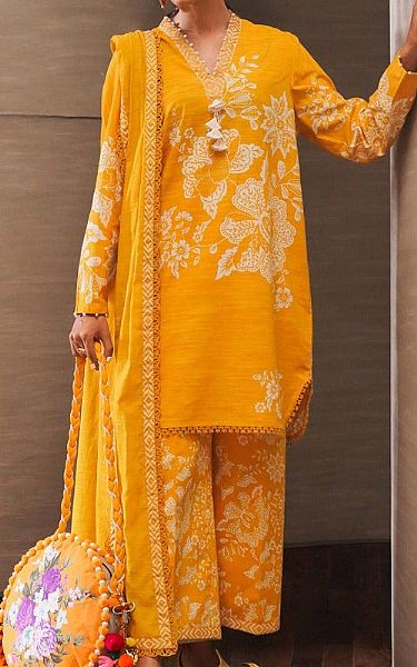 Sana Safinaz Golden Yellow Slub Suit | Pakistani Winter Dresses- Image 1