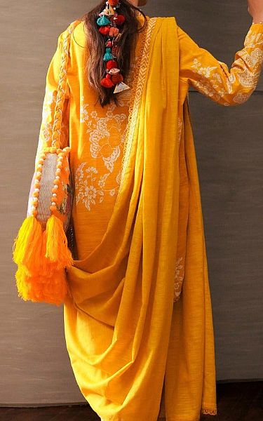 Sana Safinaz Golden Yellow Slub Suit | Pakistani Winter Dresses- Image 2
