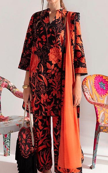 Sana Safinaz Black/Safety Orange Slub Suit | Pakistani Winter Dresses- Image 1