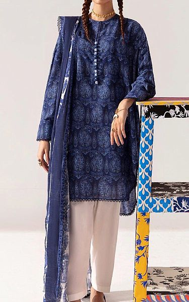 Sana Safinaz Royal Blue Slub Suit (2 Pcs) | Pakistani Winter Dresses- Image 1