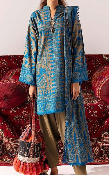 Sana Safinaz Turquoise Slub Suit (2 Pcs) | Pakistani Winter Dresses- Image 1
