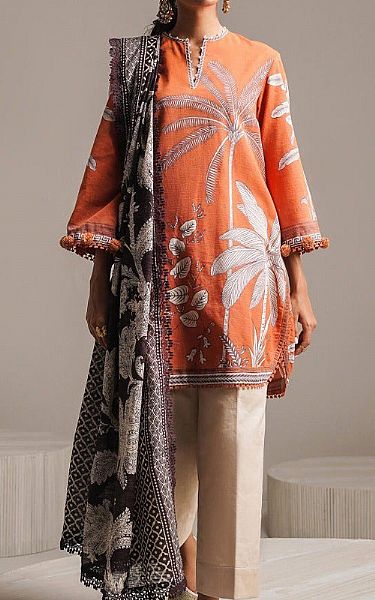 Sana Safinaz Safety Orange Slub Suit (2 Pcs) | Pakistani Winter Dresses- Image 1