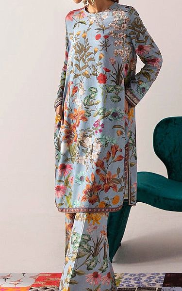 Sana Safinaz Baby Blue Linen Suit (2 Pcs) | Pakistani Winter Dresses- Image 1