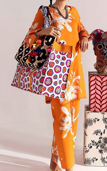 Sana Safinaz Safety Orange Linen Suit (2 Pcs) | Pakistani Winter Dresses- Image 1