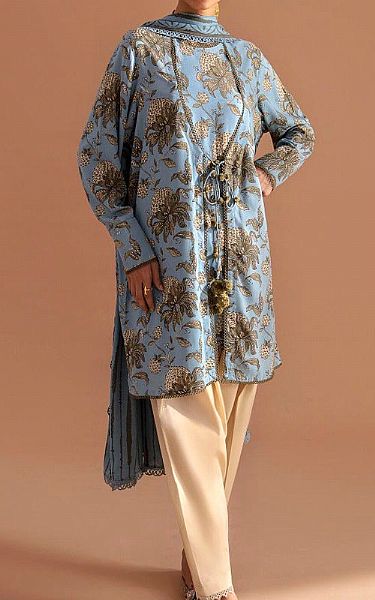 Sana Safinaz Light Turquoise Linen Suit (2 Pcs) | Pakistani Winter Dresses- Image 1
