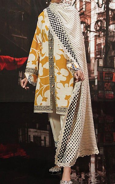 Sana Safinaz Off-white/Mustard Slub Suit (2 Pcs) | Pakistani Winter Dresses- Image 1
