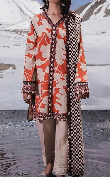 Sana Safinaz Ivory/Vermillion Slub Suit (2 Pcs) | Pakistani Winter Dresses- Image 1