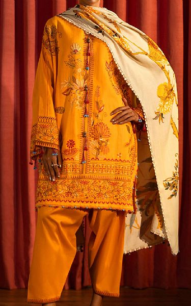 Sana Safinaz Mustard Slub Suit | Pakistani Winter Dresses in USA- Image 1