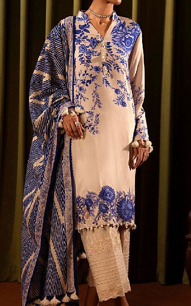 Sana Safinaz Off-white/Blue Linen Suit | Pakistani Winter Dresses in USA- Image 1