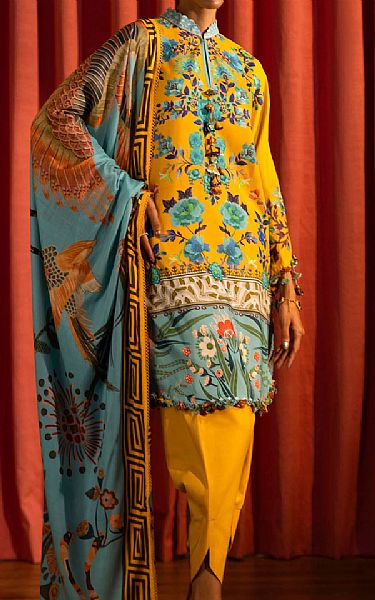 Sana Safinaz Golden Yellow Linen Suit | Pakistani Winter Dresses in USA- Image 1