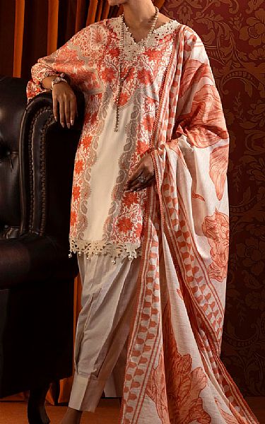 Sana Safinaz Ivory/Coral Linen Suit | Pakistani Winter Dresses in USA- Image 1