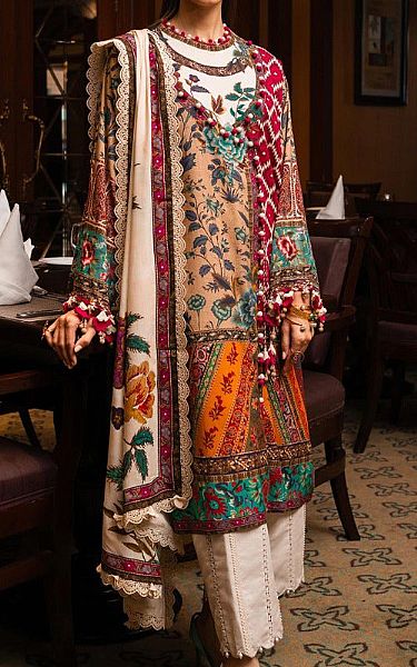 Sana Safinaz Beige/Orange Linen Suit | Pakistani Winter Dresses- Image 1