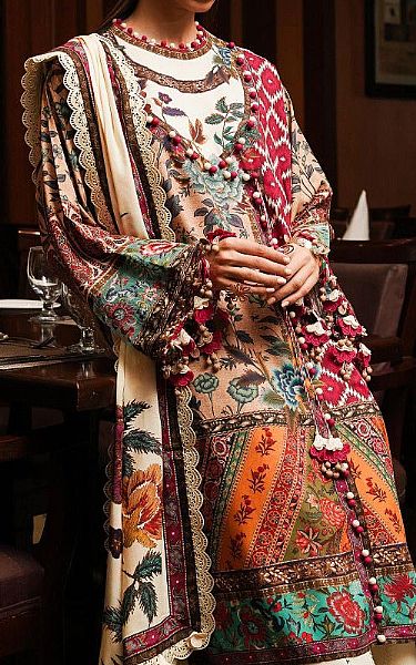 Sana Safinaz Beige/Orange Linen Suit | Pakistani Winter Dresses- Image 2