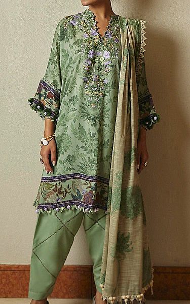 Sana Safinaz Pastel Green Linen Suit | Pakistani Winter Dresses- Image 1