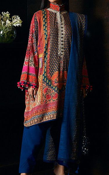 Sana Safinaz Orange/Blue Linen Suit | Pakistani Winter Dresses- Image 1