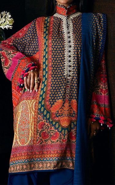 Sana Safinaz Orange/Blue Linen Suit | Pakistani Winter Dresses- Image 2