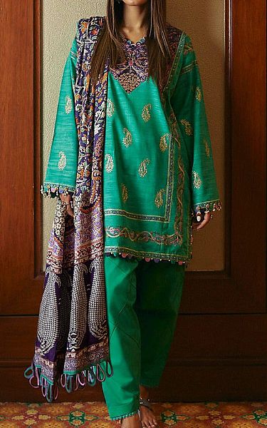Sana Safinaz Emerald Green Slub Suit | Pakistani Winter Dresses- Image 1