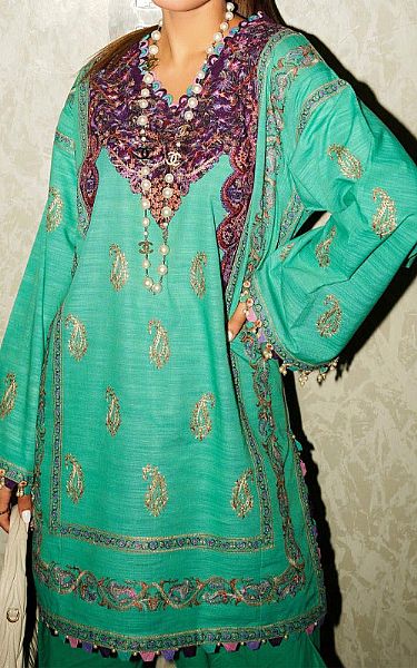 Sana Safinaz Emerald Green Slub Suit | Pakistani Winter Dresses- Image 2