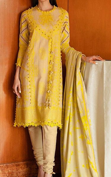 Sana Safinaz Yellow/Ivory Slub nen Suit | Pakistani Winter Dresses- Image 1