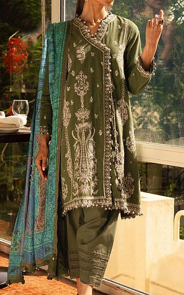 Sana Safinaz Hunter Green Linen Suit | Pakistani Winter Dresses- Image 1