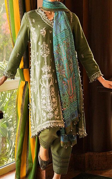 Sana Safinaz Hunter Green Linen Suit | Pakistani Winter Dresses- Image 2