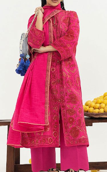 Sana Safinaz Hot Pink Slub Suit (2 Pcs) | Pakistani Winter Dresses in USA- Image 2