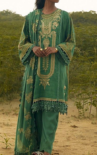 Sana Safinaz Emerald Green Slub Suit | Pakistani Winter Dresses- Image 1