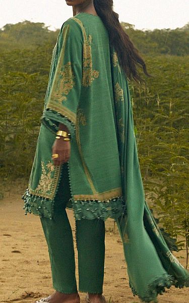 Sana Safinaz Emerald Green Slub Suit | Pakistani Winter Dresses- Image 2