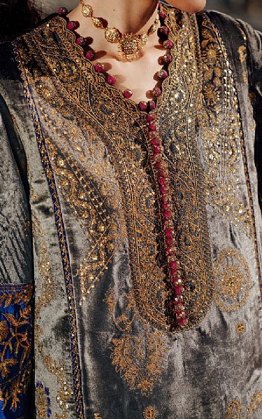Sana Safinaz Dark Grey Velvet Suit | Pakistani Winter Dresses in USA- Image 2