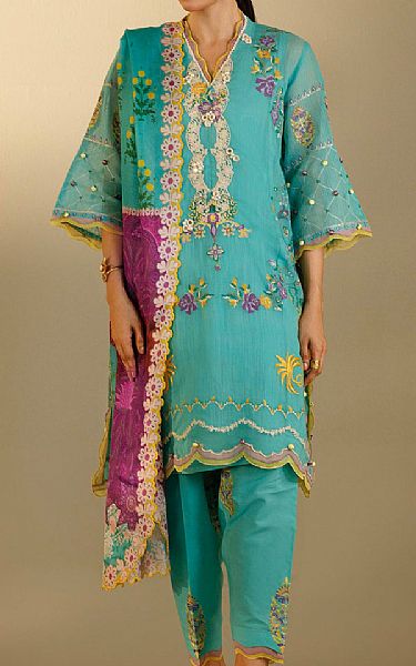 Sana Safinaz Turquoise Cotton Suit | Pakistani Lawn Dress in USA- Image 1