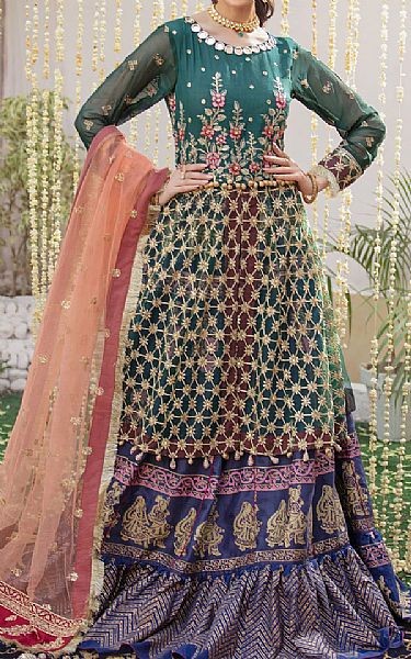 Sanaya Teal Net Suit | Pakistani Wedding Dresses- Image 1