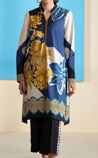 Sapphire Royal Blue/Off-white Lawn Kurti | Pakistani Dresses in USA- Image 1