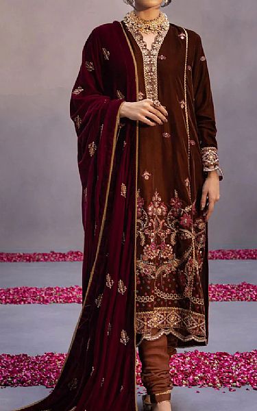Sapphire Brown Velvet Suit | Pakistani Dresses in USA- Image 1