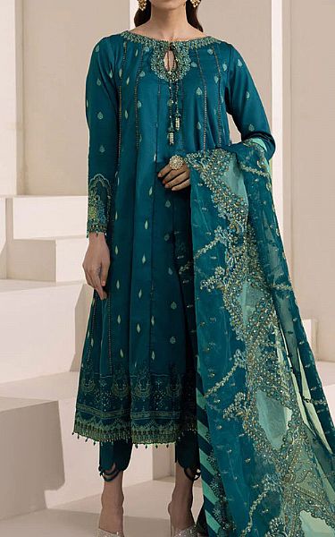 Sapphire Teal Cotton Satin Suit | Pakistani Dresses in USA- Image 1