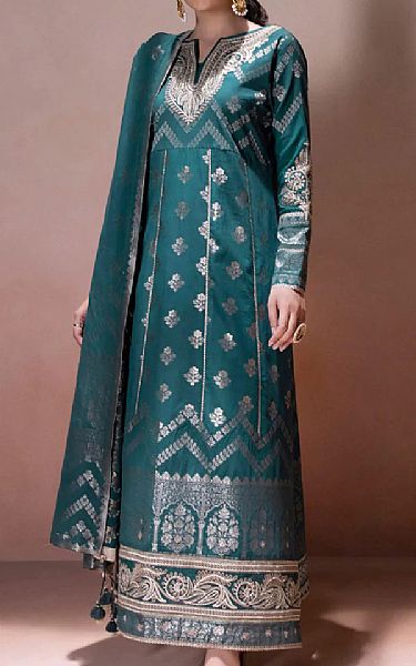 Sapphire Teal Jacquard Suit | Pakistani Dresses in USA- Image 1