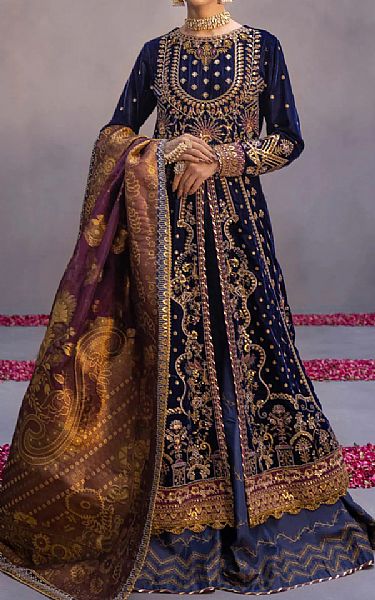 Sapphire Blue Velvet Suit | Pakistani Wedding Dresses- Image 1