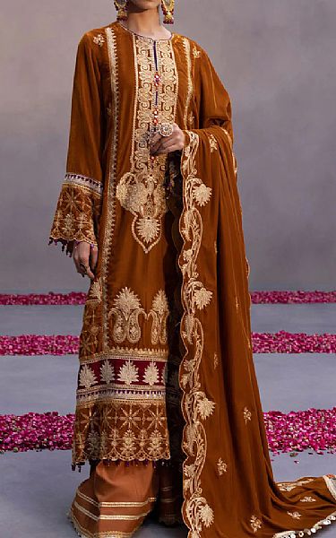 Sapphire Camel Brown Velvet Suit | Pakistani Dresses in USA- Image 1
