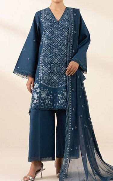 Sapphire Teal Blue Cotton Satin Suit | Pakistani Lawn Dress in USA- Image 1