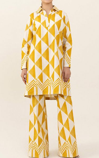 Sapphire White/Yellow Cambric Kurti | Pakistani Winter Dresses- Image 1
