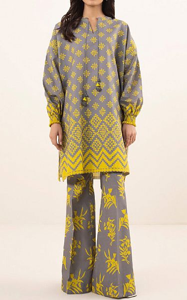 Sapphire Grey/Yellow Cambric Suit (2 pcs) | Pakistani Winter Dresses- Image 1