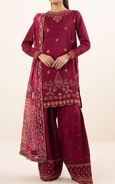 Sapphire Wine Red Silk Suit | Pakistani Embroidered Chiffon Dresses- Image 1