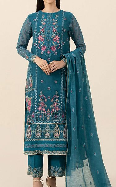 Sapphire Teal Blue Net Suit | Pakistani Embroidered Chiffon Dresses- Image 1