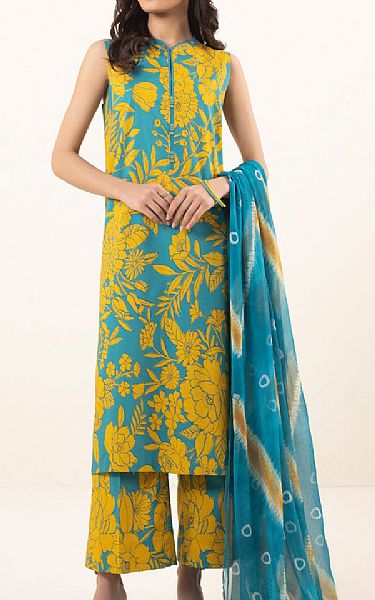 Sapphire Blue/Mustard Cotton Suit | Pakistani Winter Dresses- Image 1
