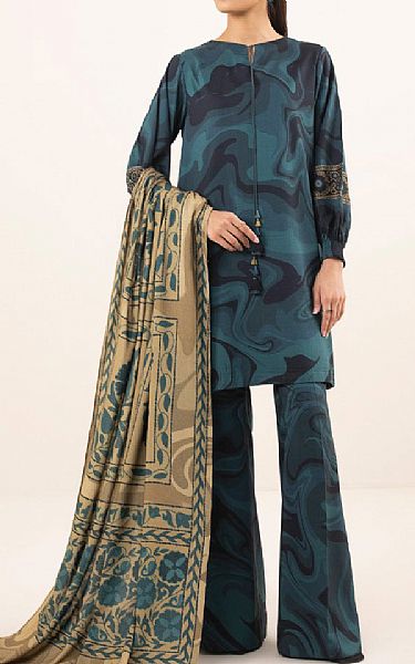 Sapphire Dark Teal/Beige Linen Suit | Pakistani Winter Dresses- Image 1