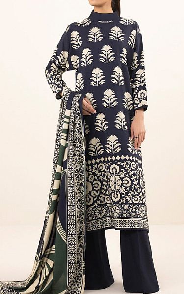 Sapphire Navy Blue/Off White Linen Suit | Pakistani Winter Dresses- Image 1