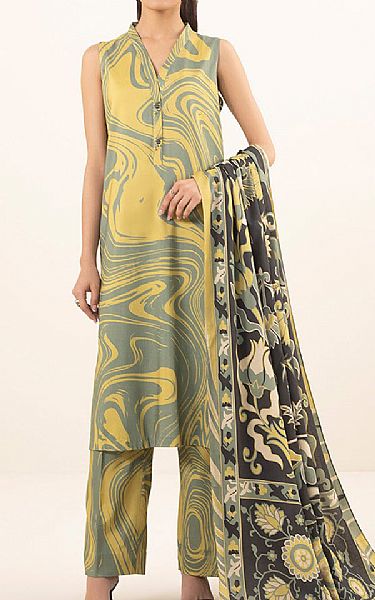 Sapphire Golden Sand/Grey Linen Suit | Pakistani Winter Dresses- Image 1