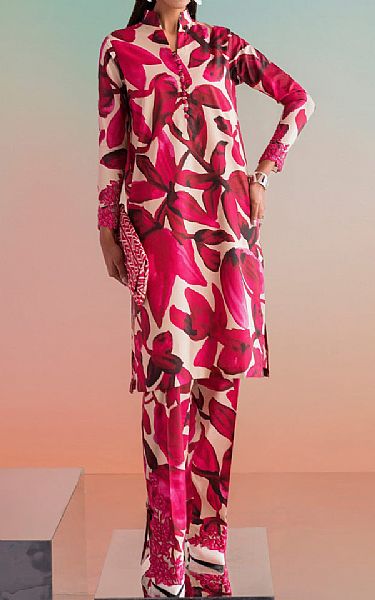 Sapphire Ivory/Hot Pink Silk Suit (2 pcs) | Pakistani Embroidered Chiffon Dresses- Image 1