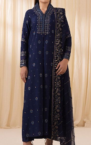 Sapphire Navy Blue Raw Silk Suit | Pakistani Embroidered Chiffon Dresses USA- Image 1